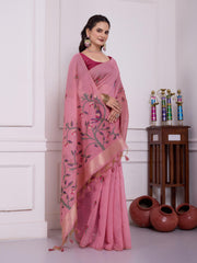 Shailja Peony Pink Muga Cotton Jamdani Saree With Contrast Blouse